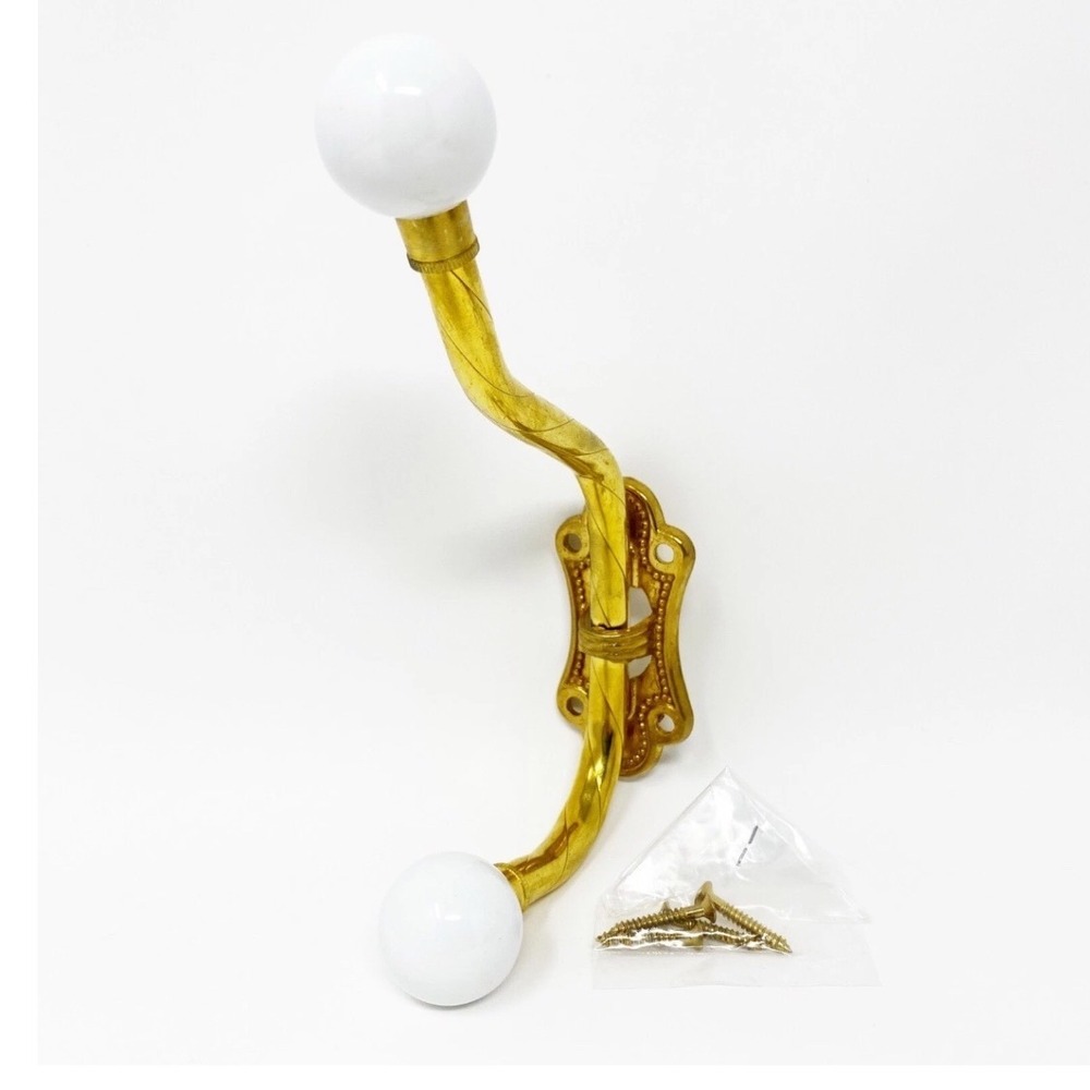 Vintage Brass Wall Mount 2 Hook Hanger Hat Coat Towel Porcelain White‎ Knobs NOS